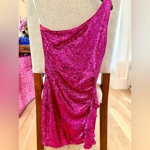 Hot Pink Sequined One Shoulder Dress - Size S